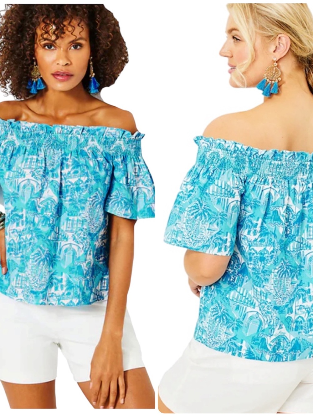 Lilly Pulitzer Croix Off the Shoulder Blue Goombay Grooves Linen Shirt Small